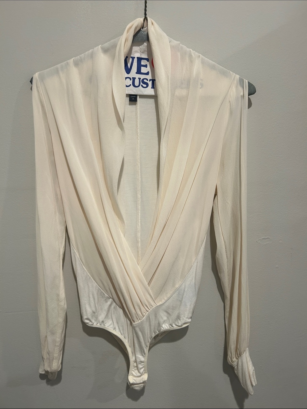 bebe Draped Cream V-Neck Long Sleeve Bodysuit